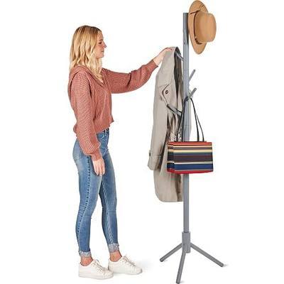 ZOBER Coat Rack Free Standing - Wooden Coat Tree W/ 6 Hooks - Coats, Purses, Hats - Adjustable Sizes, Easy Assembly - Gray