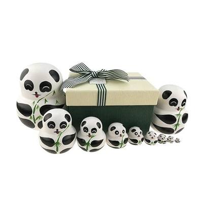 Apol Set of 10 Big-Belly Wooden Handmade Panda Bear with Bamboo Nesting Dolls Matryoshka Russian Doll in a Box with Bow for Kids Toy Home Decoration New Year