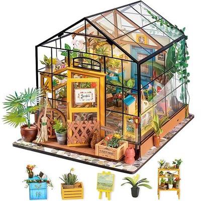 Rolife Greenhouse DIY Miniature Dollhouse Kit Creative Gift for Adults | 1:18 Scale Cathy's Flower House with LED Light, Wooden 3D Puzzle Model Kit, Diorama Craft Set for Home Decor Display