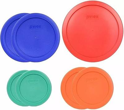 Pyrex 7 Piece Food Storage Replacement Lid Set - Made in USA | Green | Orange | Cobalt Blue | Red | BPA-Free Plastic | Round Shapes | Fits 7202 | 7200 | 7201 | 7402 & 7203 Bowls