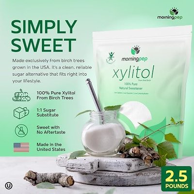 Pack of 2 Morning Pep Pure Birch Xylitol (Keto Diet Friendly) Sweetener with no Aftertaste 2.5 LBs (Not from Corn) Non GMO Kosher Gluten Free Product of USA. Total 5 Lbs (80 OZ)
