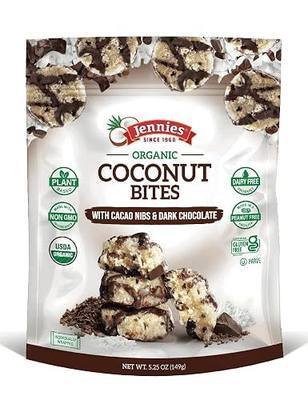 Jennies Organic Coconut Bites with Cacao Nibs and Dark Chocolate, 5.25oz | Gluten Free | Peanut Free | Dairy Free | Non GMO