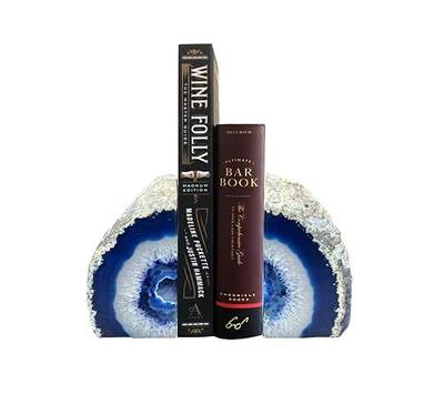 AMOYSTONE Blue Agate Bookends Small Crystal Stone Book Ends for Desk Decor | 2-3 Lbs Color-Enhanced Blue, Brazilian Agate, Natural Banded Veining,Flat Base with Silicone Pads, Tabletop Display