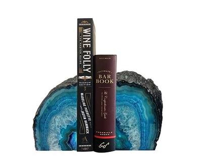 AMOYSTONE Teal Agate Bookends Small Geode Crystal Book Ends for Desk Decor | 2-3 Lbs Color-Enhanced Teal, Brazilian Agate, Unique Banded Patterns,Flat Base with Silicone Pads, Tabletop Display