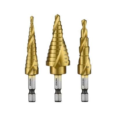 NEIKO 10181A Step Drill Bit Set, 3 Piece, Spiral Grooved for Faster Drilling, Step Bits for Stainless Steel, Metal, Wood, Plastic, Unibit Cone Drill Bits with 31 Step Sizes Total