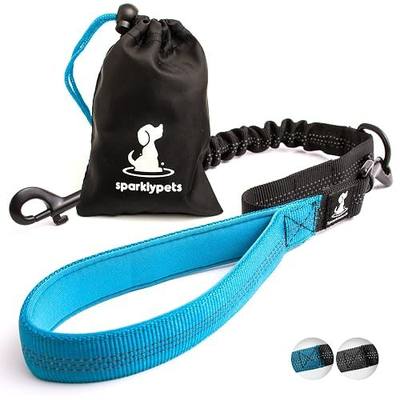 3 in 1 Short Dog Leash - Shock-Absorbing Bungee with Padded Handle - Elastic Attachment for Your Regular Leash, Control Handle, or Traffic Leash – Suitable for Medium and Large Dogs (Blue)