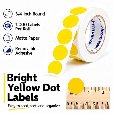 ChromaLabel Removable Dot Stickers, 3/4 Inch Yellow, 1000/Roll | Matte Paper Color Dot Stickers for Writing, Filing, Inventory, Classrooms, Offices, and Retail. Made in USA
