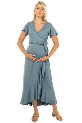 Mother Bee Maternity Long or Hi-Low Faux Wrap Dress with Adjustable Belt