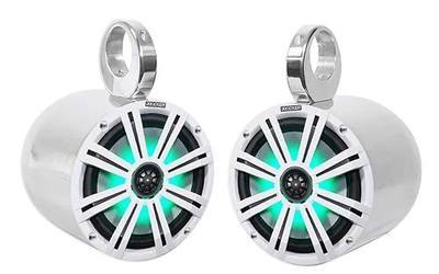 Pair Kicker 45KM84L 8" 600 Watt Marine Boat Waterproof Speakers w/LED's KM8 Bundle with Pair Rockville 7.7" Polished Silver Aluminum Wakeboard Tower Speaker Enclosures