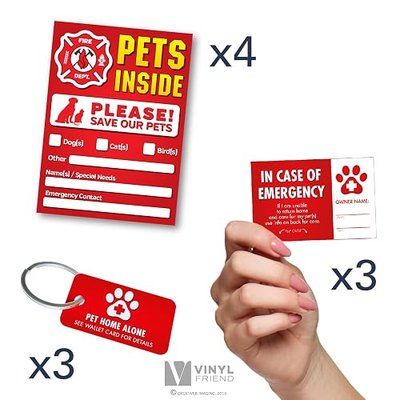 Vinyl Friend Pet Alert Stickers - FIRE Safety Alert and Rescue - Save Your Pets encase of Emergency or Danger Pets in Home for Windows, Doors Sign (10 PACK, DISPLAY)