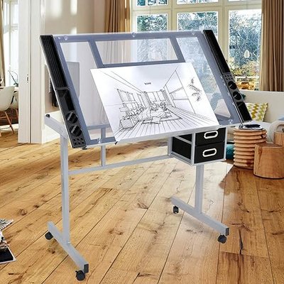 Adjustable Drafting Table Drawing Desk Art Craft Station Drafting Desk Glass Tabletop w/2 Slide Drawers and Wheels for Drawing, Sketching, Reading, Painting Home Office
