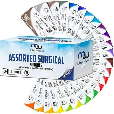 Mixed Sutures Thread with Needle (Absorbable: Chromic Catgut; Non-Absorbable: Nylon, Silk, Polyester, Polypropylene) - Surgical Wound Practice Kit, Emergency First Aid Demo (2-0, 3-0, 4-0, 5-0) 24PK