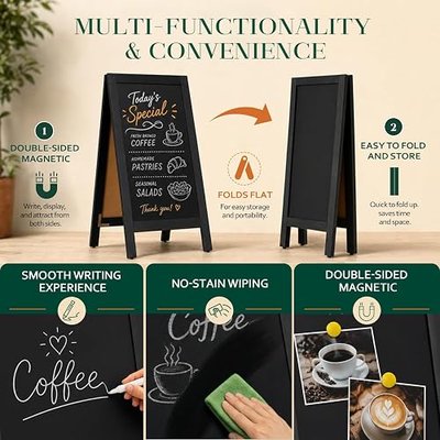 4 THOUGHT A-Frame Double-Sided Magnetic Chalkboard 40"x20", Solid Pine Wood Freestanding Sandwich Board for Restaurants, Cafes, Weddings (Black)