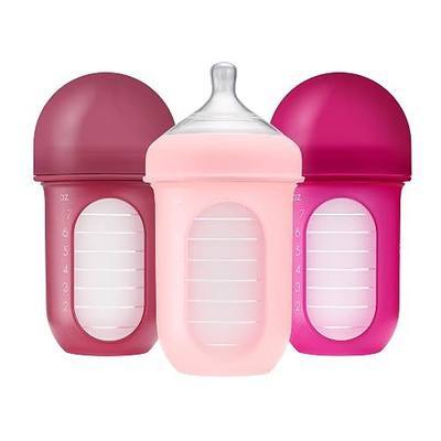 Boon Nursh Bottles - Silicone Baby Bottles Help Ease Colic Symptoms - Reusable Food-Grade Silicone Pouches with Polypropylene Shell - Medium Flow - 8 Oz - Pink
