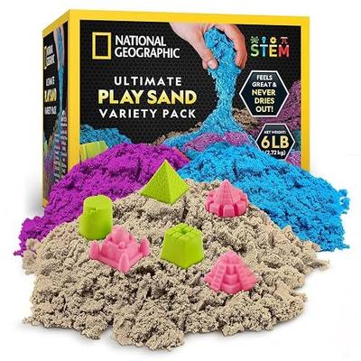 National Geographic Moon Sand 6 Lb. Sensory Play Set with Castle Molds | Blue, Purple & Natural Colors, 2 Lbs. Each, No-Mess Sensory Activity, Indoor Play, Moldable Texture, Creative Building