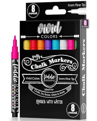 Loddie Doddie Fine Tip Liquid Chalk Markers, Chalk Markers, 8 Pack | 1mm Fine Lines, For Chalkboard Calendar & Window Art, For Glass & Mirrors, Chalk Pens for Chalkboard, Car Window Markers