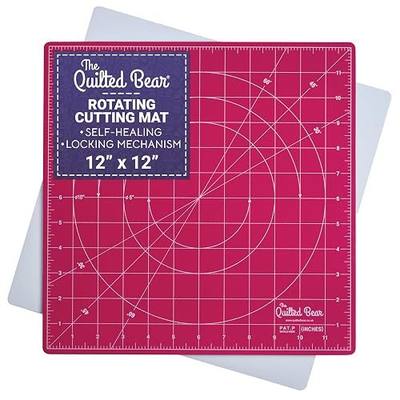 The Quilted Bear Rotating Cutting Mat 12" x 12" - Locking & Rotating Self Healing Cutting Board for Sewing, Fabric & Quilting - 360 Degree Sewing Supplies Mat for Craft Table (Pink) | Square Mat, 360° Rotation, Locking Mechanism, 5-Layer Surface, Non-Slip Base, Clear Inch Grid & Angle Guides for Qui