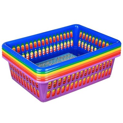 6 Pack - Plastic Colorful Storage Baskets, Paper, Toys, Teacher Classroom, Office, Dorm Room Organization Bins, 15" x 10", Assorted Colored