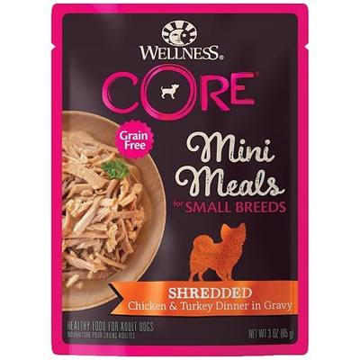 Wellness CORE Small Breed Mini Meals Shredded in Gravy Adult Wet Dog Food, Grain Free, Natural, Chicken and Turkey Dinner Recipe, 3 oz, Pack of 12 Pouches
