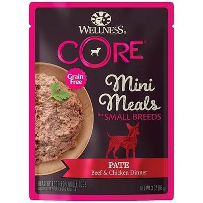 Wellness CORE Small Breed Mini Meals Pate Adult Wet Dog Food, Grain Free, Natural, Beef and Chicken Dinner Recipe, 3 oz, Pack of 12 Pouches