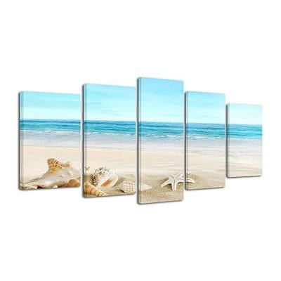 Pyradecor Seashell 5 panels Seascape Canvas Prints Landscape Pictures Paintings Modern Stretched Canvas Wall Art Sea Beach Pictures Artwork for Home Decor