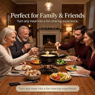 Artestia Ceramic Fondue Pot Set for Cheese & Chocolate | 2L Fondue Set for 6 People with Burner, Stand & Forks, Swiss Style Melting Pot for Party, Date Night & Gift