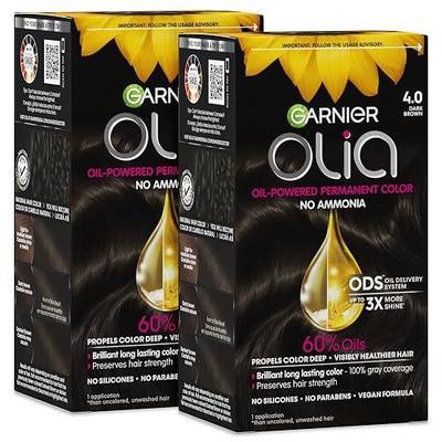Garnier Olia Hair Color, Ammonia-Free Permanent Hair Dye, Oil-Powered Formula for 100% Gray Coverage and 3x Shinier Hair, Vegan & Cruelty Free, 4.0 Dark Brown, 2 Count