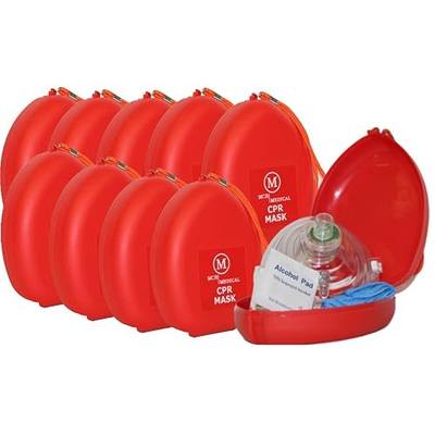 MCR Medical Pack of 10 CPR Rescue Mask, Adult/Child Pocket Resuscitator, Hard Case with Wrist Strap
