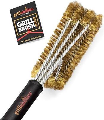 Grillaholics Brass Grill Brush – Safe BBQ Brush for Outdoor Cooking – Heavy-Duty Soft Bristle Grill Cleaning Tool for Porcelain & Ceramic Grates | Softer Than Steel | Designed for Porcelain and Ceramic Grates