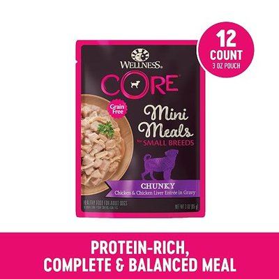 Wellness CORE Small Breed Mini Meals Chunky in Gravy Adult Wet Dog Food, Grain Free, Natural, Chicken Entrée Recipe, 3 oz, Pack of 12 Pouches