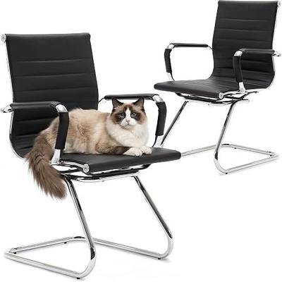 Wahson Office Guest Chairs Set of 2, Leather Reception Chairs, Mid Back Waiting Room Chair, Conference Chairs with Sled Base, Desk Chair No Wheels for Meeting/Lobby/Restroom, Black