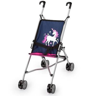 Bayer Design Doll Buggy - Folding Stroller for Dolls up to 18 Inches, Blue | Lightweight navy and pink stroller with unicorn graphics, dual wheels, safety belt, and a compact folding frame for travel