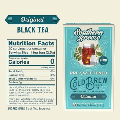Southern Breeze Cold Brew Sweet Tea Original Iced Tea with Black Tea and Zero Carbs Zero Sugar, 20 Individually Wrapped Tea Bags, Pack of 4 | Southern-Style Sweet Tea | Zero Sugar | Zero Carbs | Steeps in Cold Water | Perfect for Home, Office & On-the-Go