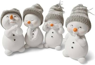 khevga Snowman Figurines Set of 4 in Gift Box – Handcrafted Christmas Decoration Set with Knit Hats – Charming Winter Figurines for Festive Tabletop & Mantel Display