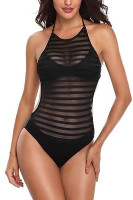 Women One Piece High Neck Mesh Ruched Monokini Swimwear Halter Bathing Suit