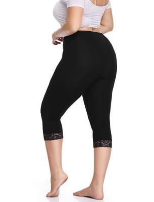 Women's Plus Size Capri Leggings Lace Trim High Waisted Stretchy Soft Crop Pants
