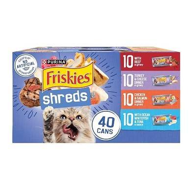 Purina Friskies Wet Cat Food Variety Pack, Shreds With Beef, Turkey and Cheese Dinner, Chicken and Salmon Dinner, and With Ocean Whitefish and Tuna - (Pack of 40) 5.5 oz. Cans