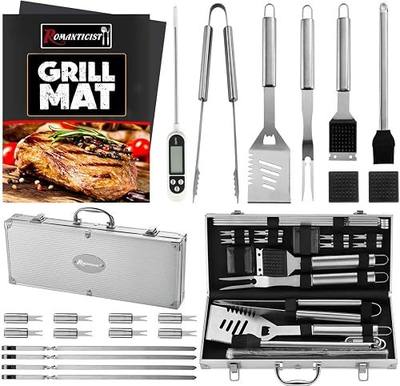 ROMANTICIST 23pcs Must-Have BBQ Grill Accessories Set with Thermometer in Case - Stainless Steel Barbecue Tool Set with 2 Grill Mats for Backyard Outdoor Camping - Father's Day Best Barbecue Gift