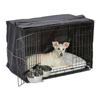 MidWest Homes for Pets Double Door iCrate Starter Kit, 30-inch Dog Crate Bundle for Medium Breeds, Includes Cage, Pet Bed, 2 Bowls and Privacy Cover