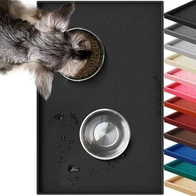 VIVAGLORY Pet Food Mat Grippymat Dog Bowl Mat, 24" L x 16" W, Black | Placemat with Raised Edge for Indoor, Waterproof Silicone for Cat Kitty & Puppy