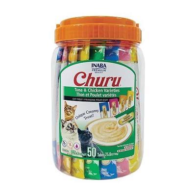 INABA Churu Cat Treats, Lickable, Squeezable Creamy Purée Cat Treat with Green Tea Extract & Taurine, 0.5 Ounces Each Tube, 50 Tubes, Tuna & Chicken Variety