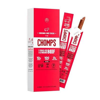 Chomps Grass-Fed and Finished Original Beef Jerky Snack Sticks 10-Pack - Keto, Paleo, Whole30, 10g Lean Meat Protein, Gluten-Free, Zero Sugar Food, Non-GMO