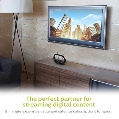 Philips Indoor TV Antenna Rabbit Ears for Local Channels, 15 Inch Extendable Dipoles, 4K 1080P VHF UHF, Tabletop Antenna, Digital HDTV Antenna, Smart TV, 4ft Coaxial Cable, Black, SDV7114A/27