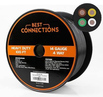 BEST CONNECTIONS 4 Way Trailer Wire (100 Feet) – Heavy Duty 14 Gauge 4 Conductor Insulated Cable – Durable, Weatherproof, Color-Coded 4 Way Trailer Wiring Extension for RV Trailer and Automotive