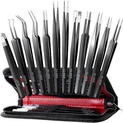 Antonki 12 Pack Precision Tweezers Set for Craft, Soldering, Jewelry, Facial Hair, Eyebrow, Ingrown Hair Removal, Eyelash Extension- with Case