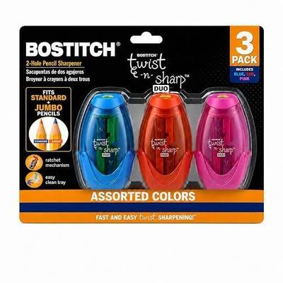 Bostitch Office Pencil Sharpener, Manual, Twist-n-Sharp with Shavings Tray, Kids, Boys, Girls, Colored Pencils, 3-Pack, Blue, Orange, Pink