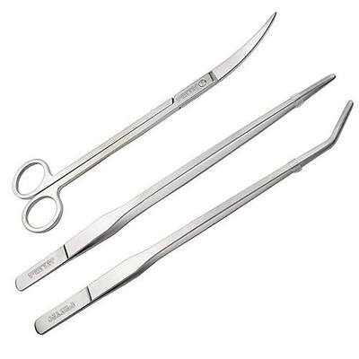 FEITA Aquarium Tweezer Set - Long Stainless Steel Curved & Straight Feeding Tweezers Scissors Maintenance Tools Kit (3 Pcs)
