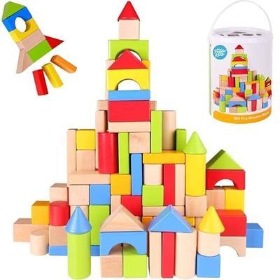 Pidoko Kids Building Blocks for Toddlers 1-3, 100 Pcs Wooden Blocks - Includes Storage Bucket and Shape Sorter Lid - Montessori Wood Block Gifts For Preschool Boys & Girls