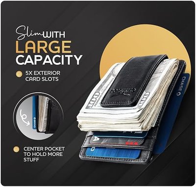 Claasico Men’s Leather Money Clip Wallet – Slim Front Pocket Wallet w/Super Strong Magnetic Clip, RFID Blocking, 5 Card Slots & Center Pocket + ID Window