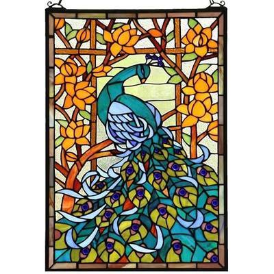 Bieye W10011 Peacock Tiffany Style Stained Glass Window Panel Hangings with Chain, 15" W x 23" H